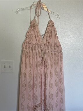 Ananta Dusty Pink Halter Maxi Dress with Crochet Tassel Detail